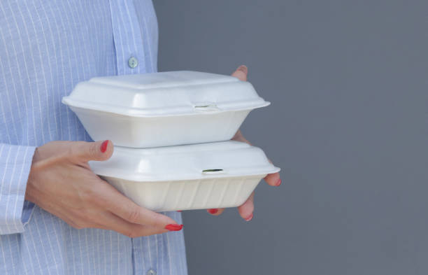 istock Woman's hands holding takeaway foam lunch boxes. Single use food containers, close up. 1463749810