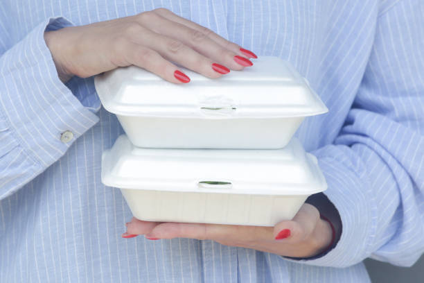 istock Woman's hands holding takeaway foam lunch boxes. Single use food containers, close up. 1463749811