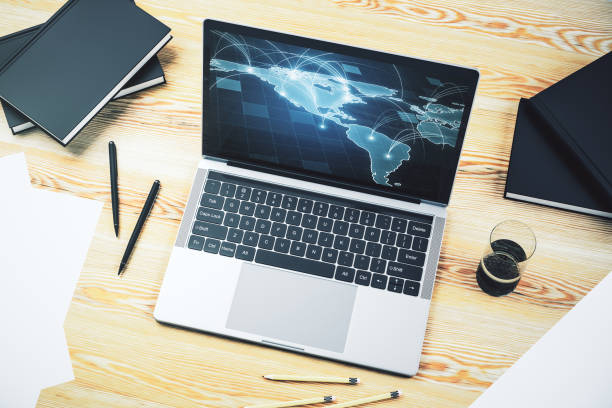 istock Abstract digital world map with connections on modern computer monitor, big data and blockchain concept. 3D Rendering 1463750881