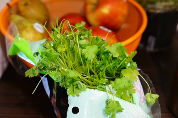 Closeupshot of fresh coriander greens on a kitchen table