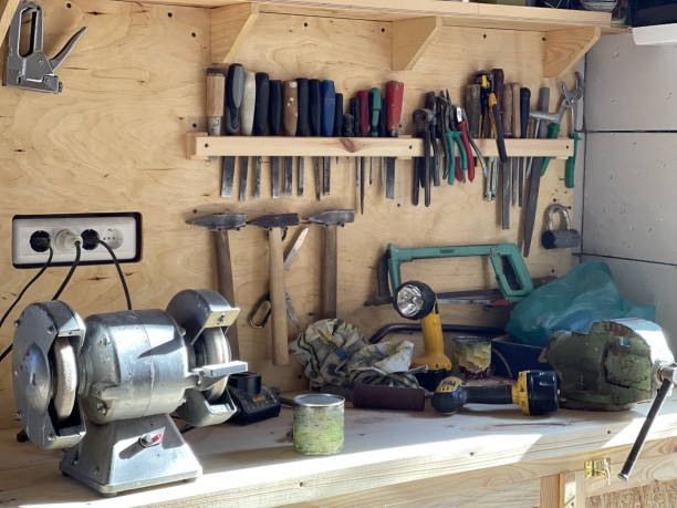 istock Wooden carpenter's table with tools 1463754935