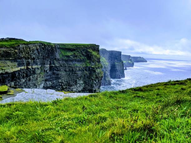 acantilados de moher junto al mar azul en irlanda - cliffs of moher republic of ireland panoramic cliff fotografías e imágenes de stock