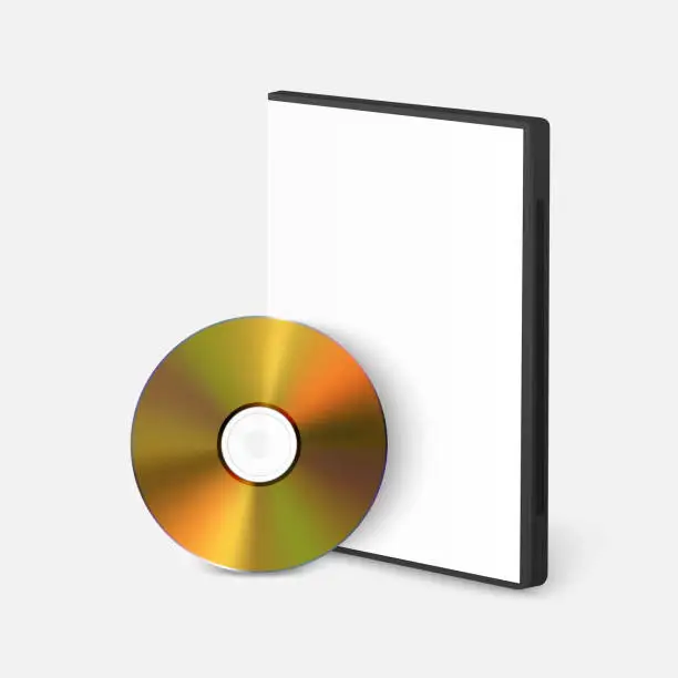 Vector illustration of Vector Realistic Yellow CD, DVD with Plastic Rectangular Cover, Envelope, Case Set Isolated on White Background. CD Box, Packaging Design for Mockup. Golden Compact Disk Icon, Front View
