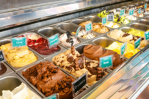 A showcase with many types of ice cream in the supermarket