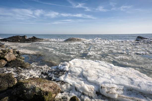 The frozen sea with melting snow on a sunny day