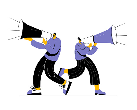 Man and woman shout into megaphone. Funny vector illustration in modern style on theme of attracting attention and hiring.