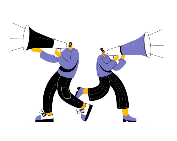 Man and woman shout into megaphone. Man and woman shout into megaphone. Funny vector illustration in modern style on theme of attracting attention and hiring. cartoon of a searching stock illustrations
