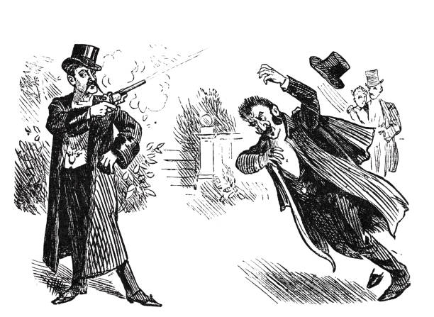 istock A man with a gun shoots and another man’s hat falls off his head, cut out on white background 1463767833