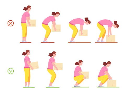 Woman lifting box. Correct and incorrect handling heavy objects, painful or safety posture for carry heaviness, wrong proper lift work women position, vector illustration of right lifting and carry