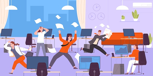 Office chaos. Corporate collapse stress workspace, hurry workers throw paper panic working environment, conflict boss and busy tired employees, vector illustration of workplace panic, deadline busy