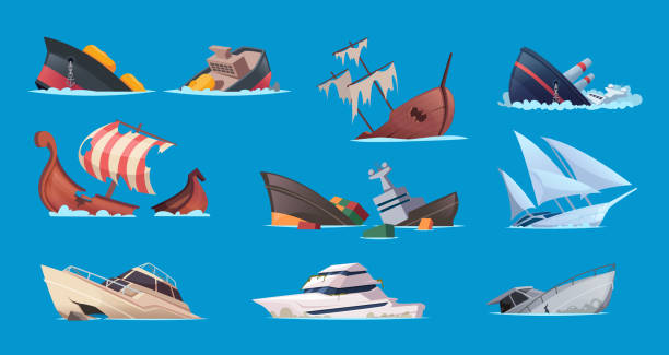 ilustrações, clipart, desenhos animados e ícones de barcos de marinheiro quebrados. acidente de acidente no mar navios danificados e brigantines coleção exata de desenhos animados vetor - shipwreck