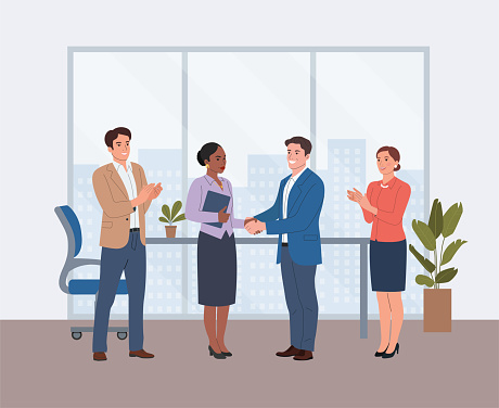 Young man and Black woman shake hands in the office. Male handshake of business partners. Man and woman clapping hands. Vector cartoon flat style illustration