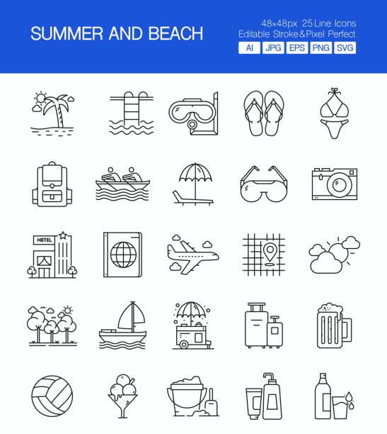 Summer And Beach thin line vector icon set. The design is editable and the color can be changed. Vector set of creativity icons: Hostel , Ice Cream , Beach , Passport , Sea Summer And Beach thin line vector icon set. The design is editable and the color can be changed. Vector set of creativity icons: Hostel , Ice Cream , Beach , Passport , Sea sand pail and shovel stock illustrations