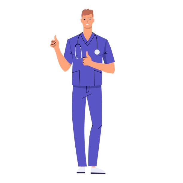 illustrations, cliparts, dessins animés et icônes de jeune médecin montrant les pouces levés avec les deux mains. infirmier avec stéthoscope et portant des gommages isolés sur fond blanc. geste accorder, comme, accepter, approuver. - male nurse nurse scrubs white background