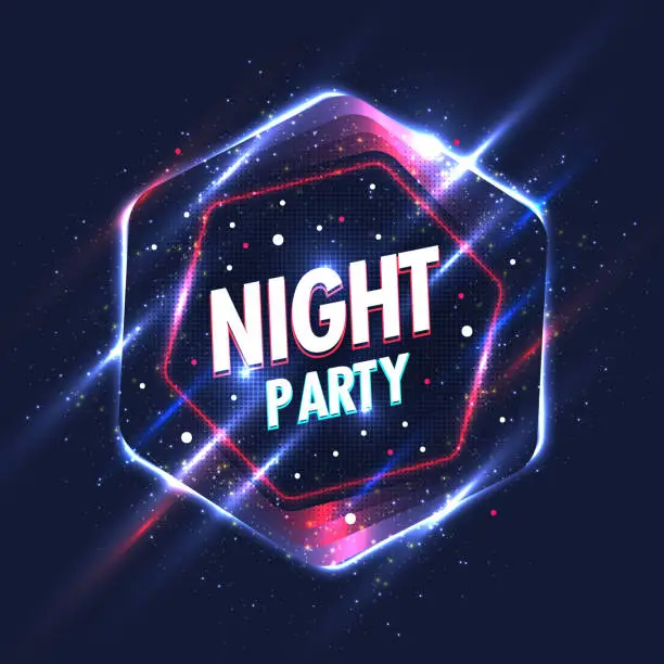 Vector illustration of Original poster for night paty. Geometric shapes and neon glow against a dark background