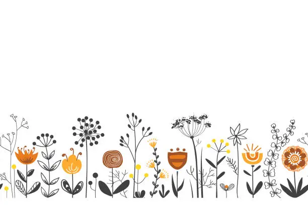 Vector illustration of Fairy flowers border in Scandinavian folk style, seamless vector pattern. Repeating doodle grass meadow background. Design for fabric, cards, wallpaper, home decor, craft packaging.