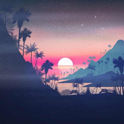 Sunset on a tropical beach poster with palms