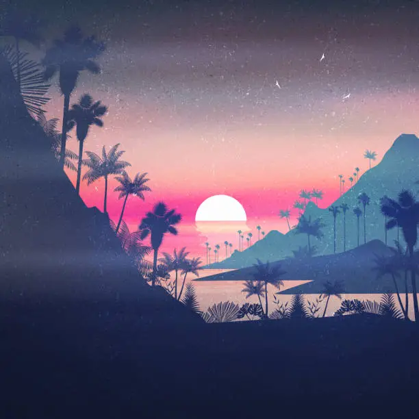 Vector illustration of Sunset on a tropical beach poster with palms