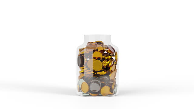 3d Animation cartoon coin falling into the glass jar and overflowed to the floor.