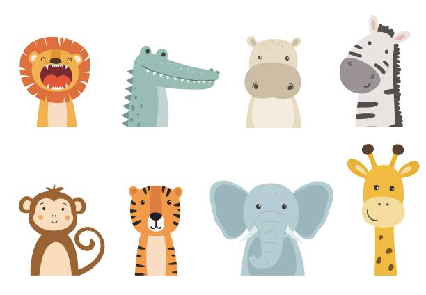 bildbanksillustrationer, clip art samt tecknat material och ikoner med set of cute safari animals isolated on white background. - djurhuvud