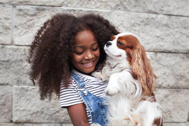 Portrait happy african american child holding pet dog on wall background stock photo