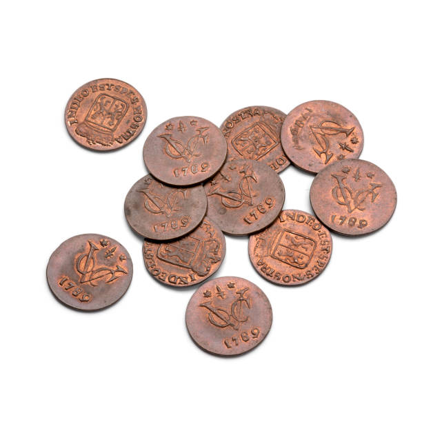 Heap of old VOC coins from 1789 on white background stock photo