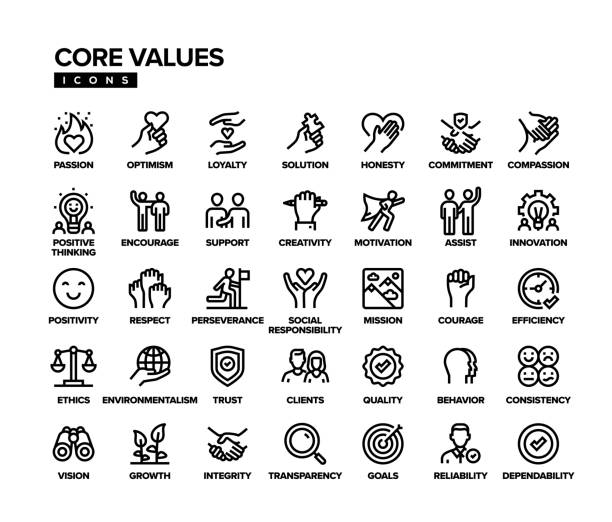 ilustrações de stock, clip art, desenhos animados e ícones de core values line icon set - simple living