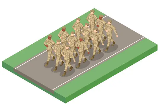 Vector illustration of Isometric soldiers are marching. Special force crew. Military concept for army, soldiers and war. Military and RCMP in uniform and armed marching in a line