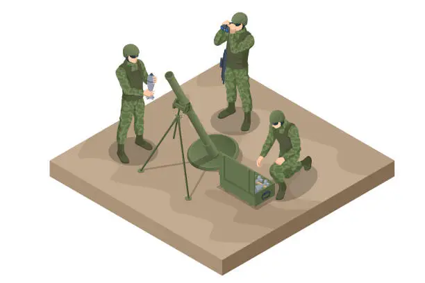 Vector illustration of Isometric Soldiers mortar crew. Mortar gun. Special force crew. Mortar Team firing, Army Soldiers. Military concept for army, soldiers and war. Mortar military weapon