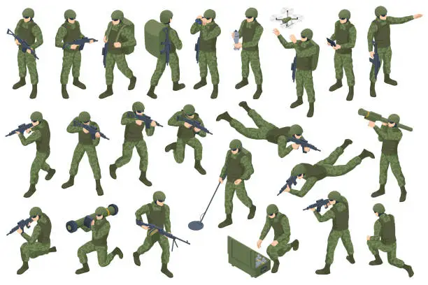 Vector illustration of Soldiers with weapons set. Special force crew. Military concept for army, soldiers and war.