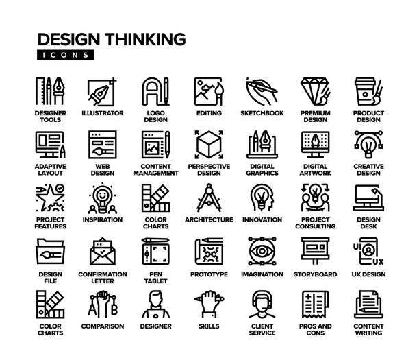ilustrações de stock, clip art, desenhos animados e ícones de design thinking line icon set - skill business webdesign measuring