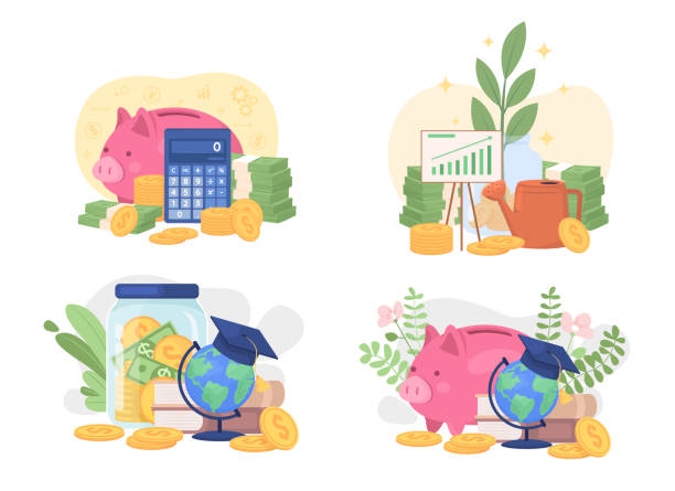 Personal savings flat concept vector illustration set Personal savings flat concept vector illustration set. Family budget. Editable 2D cartoon elements on white for web design. Financial goal creative idea pack for website, mobile, presentation personal-finance stock illustrations