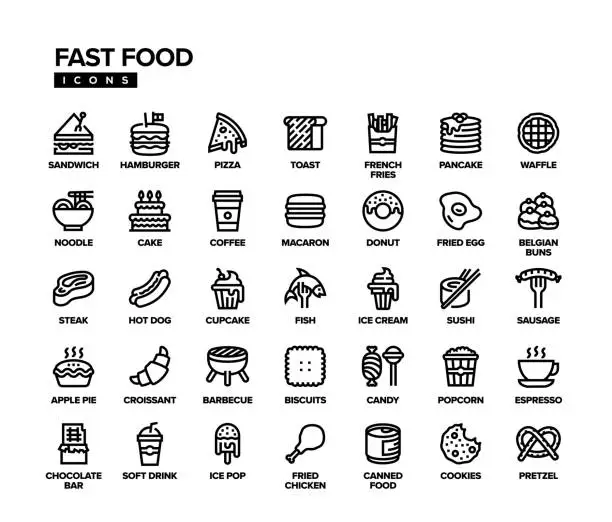 Vector illustration of Fast Food Line Icon Set