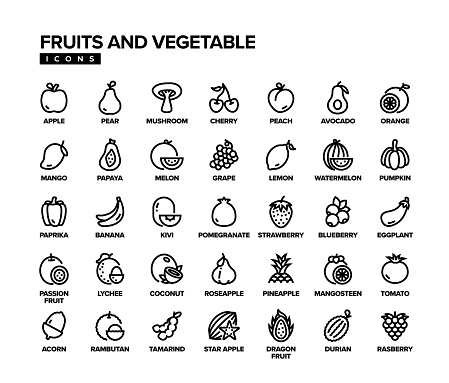 Fruits and Vegetable Line Icon Set