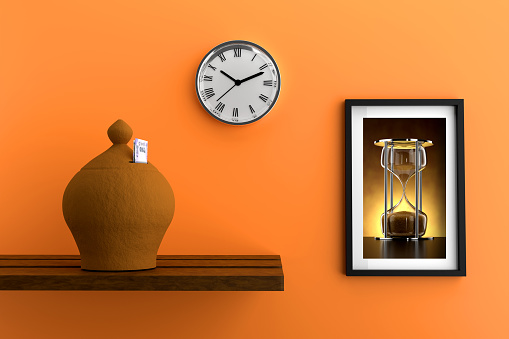 Indian Piggy Money Bank Gullak with Rupee 100 Note, Wall Clock and Photo Frame - 3D Illustration Rendering