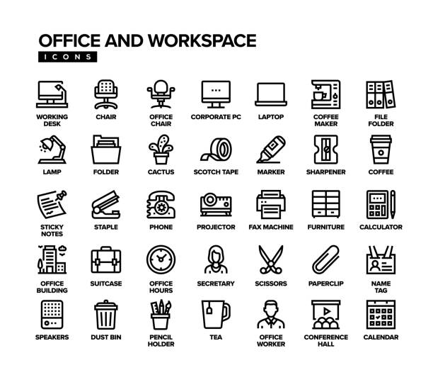 ilustraciones, imágenes clip art, dibujos animados e iconos de stock de conjunto de iconos de línea de office y workspace - secretary of state