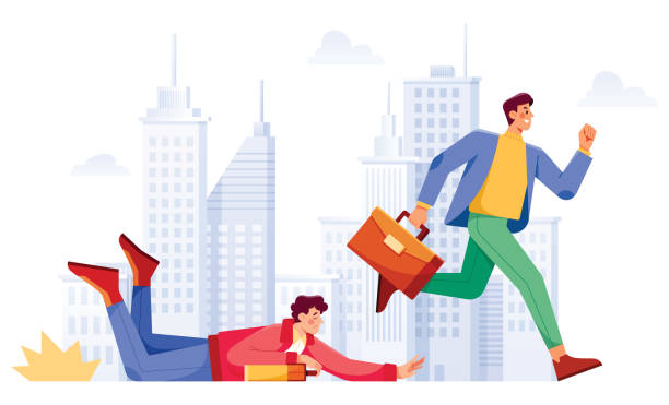 Business Competition Marathon Conceptual flat design illustration for business competition, depicting two businessmen competing in marathon race. falling behind stock illustrations