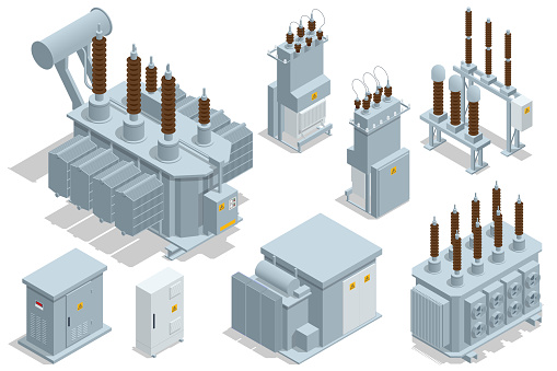 Isometric Transformer . Electric Energy Factory Distribution Chain. Isolated set Icon Energy Substation. High-Voltage Power Station