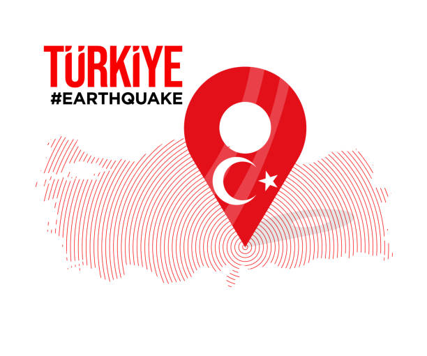 Turkey east earthquake. Turkish flag on Location. Big earthquake on the map. Ready template design. turkey earthquake stock illustrations