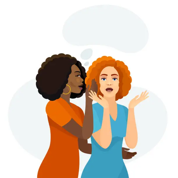 Vector illustration of Gossip girls. Young Women Whispering Secrets. African American Woman. Surprised Redhead Woman.