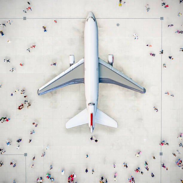 Aerial view of crowd with airplane.