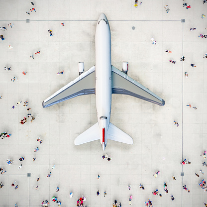 Aerial view of crowd with airplane.
