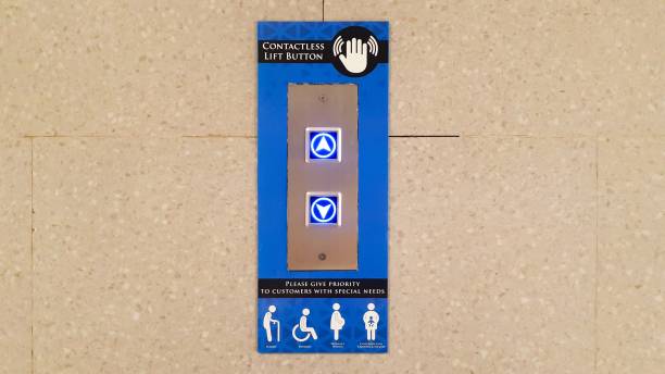 istock Elevator Button up and down direction. Contactless lift button with sign of priority people. elderly, disabled, pregnant woman, and person with children and infant. 1463805880