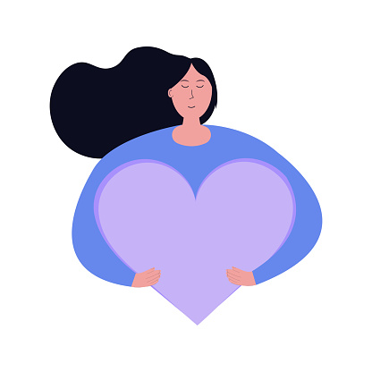 Woman with heart vector illustration. Love. positive self-perception, self-concept type, personal image, individual psychology, person definition.
