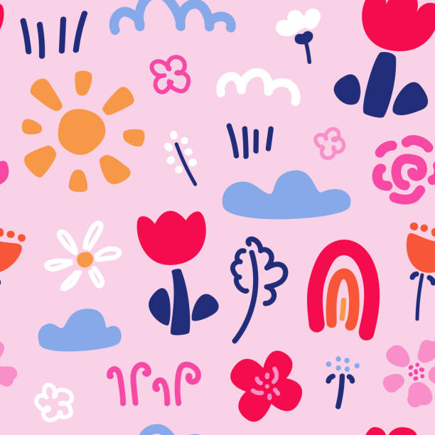 illustrations, cliparts, dessins animés et icônes de motif vectoriel sans couture avec fleurs, plantes, soleil, nuages et arc-en-ciel dans un style dessiné à la main - tulip field flower cloud