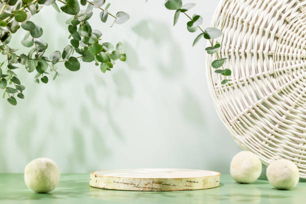 istock Empty wooden podium with laundry balls with eucalyptus leaves 1463812546