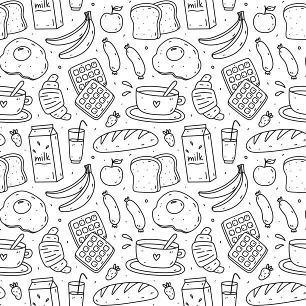 ilustrações, clipart, desenhos animados e ícones de sem costura padrão bonito com comida de café-da-manhã - waffle sausage breakfast food