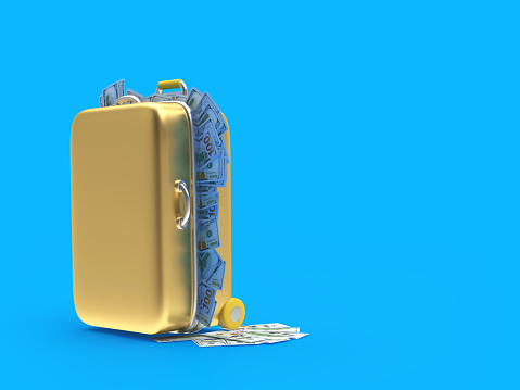 Golden suitcase full of money banknotes on a blue background with space for text. 3D illustration