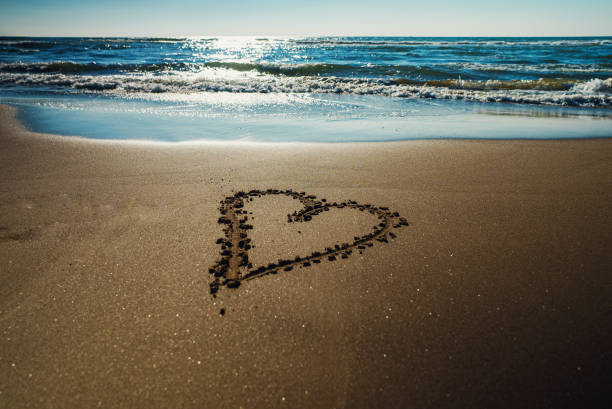 istock Heart drawn on the sandy sea beach. 1463818023