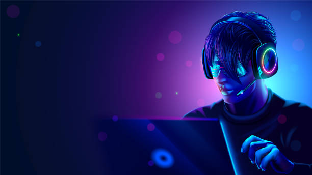 Man working on laptop in the dark room with neon lights. Computer hacker or computer video games gamer or programmer with headset and glasses setting at laptop in darkened room. Computer entertainment vector art illustration